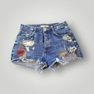 Zara Distressed Blue Denim Shorts with Embroidery